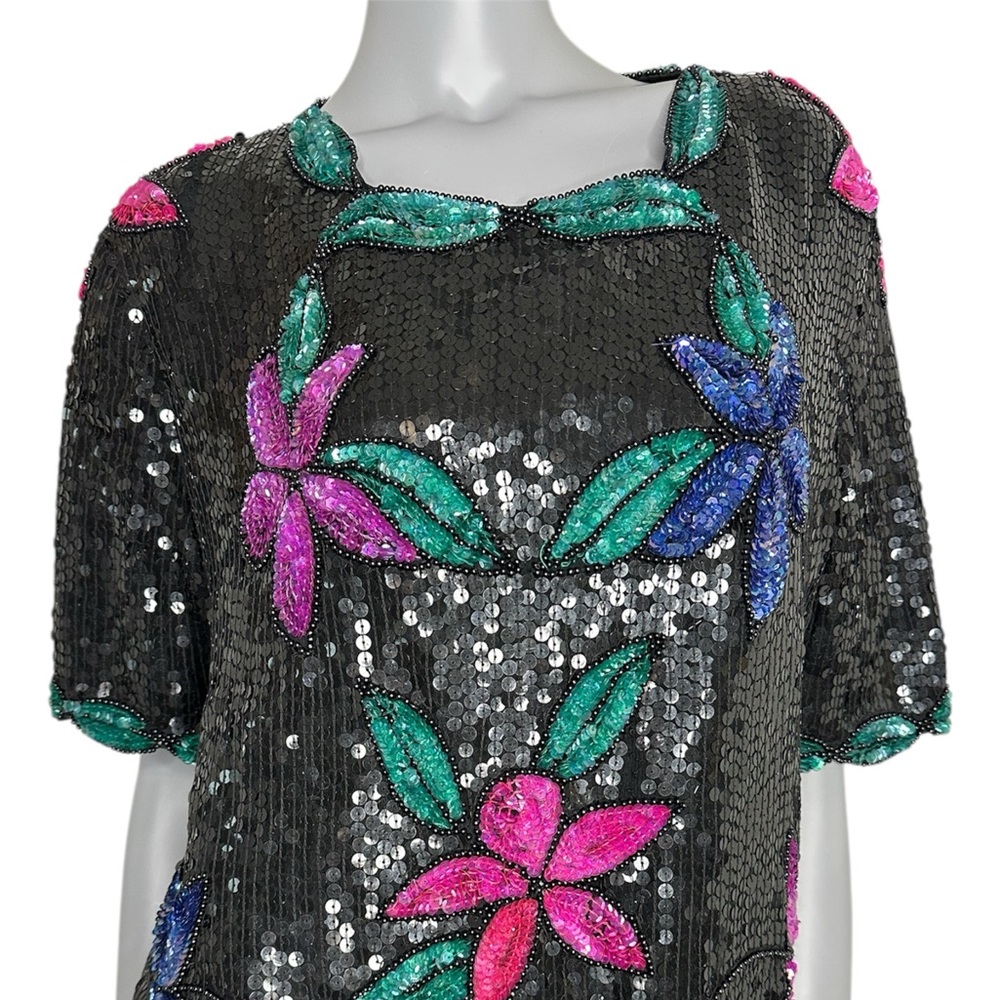 Vintage Sequin Floral Top with Pink, Blue, and Green Accents